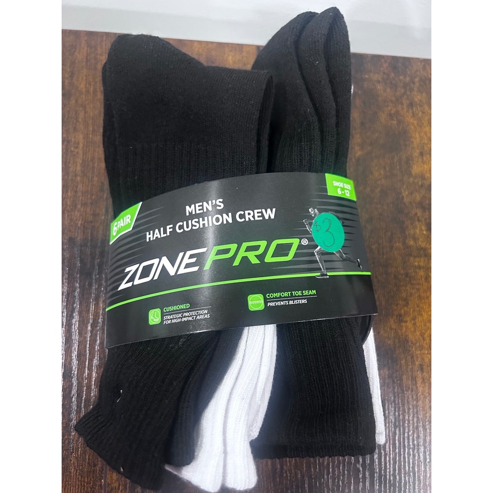 Zone Pro Mens Half Cushion Crew Socks open patch 5 pairs Black White Size 6-12